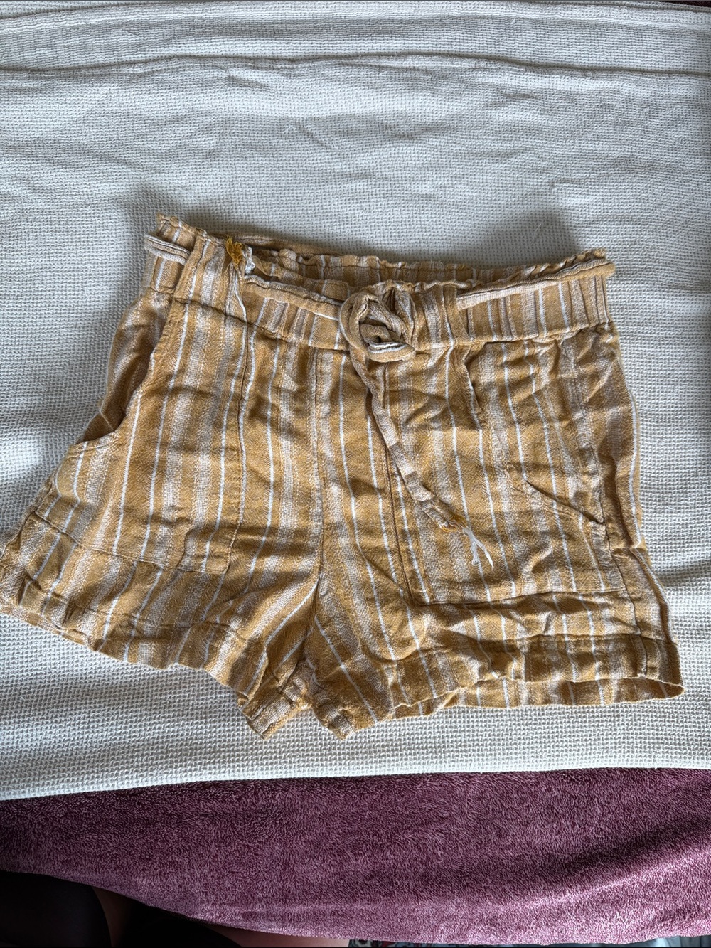 Women's Linen Striped Mustard Drawstring Shorts